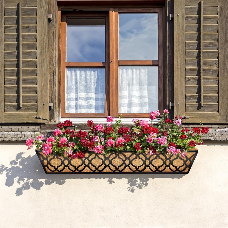 HFHOME 2 Pcs 30" Window Box Deck Railing Planter with Horse Trough Coco Liners, Black Metal Hanging Flower Planters Baskets for Indoor, Outdoor, Balcony, Porch, Fence, Patio, and Lawn - Image 2